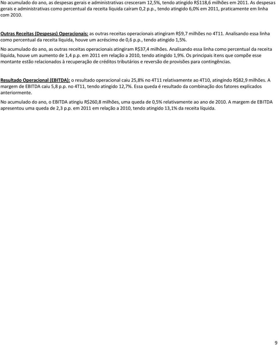 Analisando essa linha como percentual da receita líquida, houve um acréscimo de 0,6 p.p., tendo atingido 1,5%. No acumulado do ano, as outras receitas operacionais atingiram R$37,4 milhões.