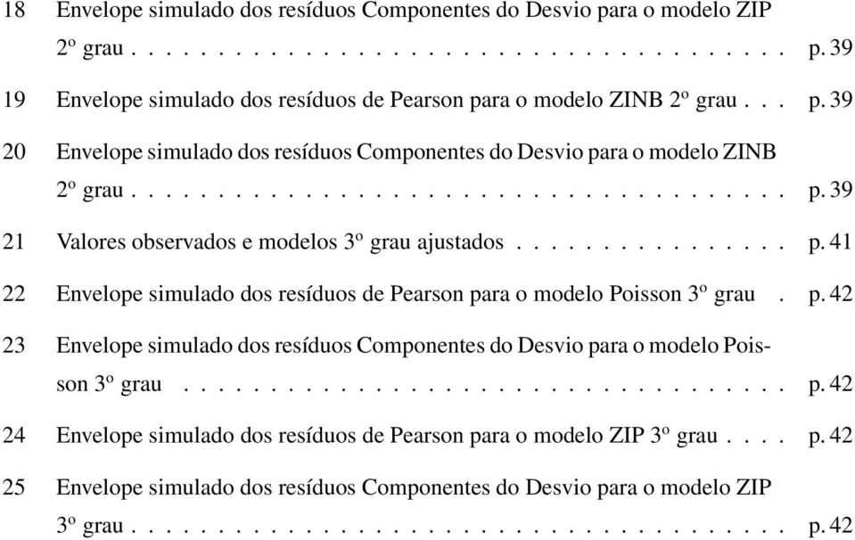 p. 42 23 Envelope simulado dos resíduos Componentes do Desvio para o modelo Poisson 3 o grau................................... p. 42 24 Envelope simulado dos resíduos de Pearson para o modelo ZIP 3 o grau.