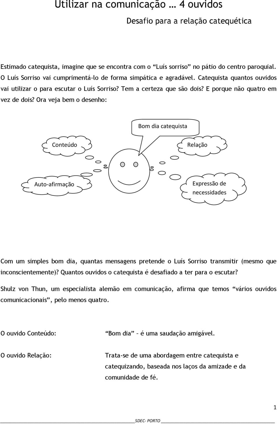 Ora veja bem o desenho: Bom dia catequista Conteúdo Relação Auto-afirmação Expressão de necessidades Com um simples bom dia, quantas mensagens pretende o Luís Sorriso transmitir (mesmo que