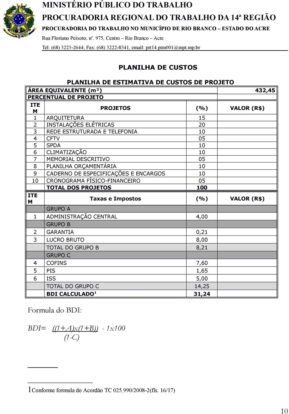 FÍSICO-FINANCEIRO 05 TOTAL DOS PROJETOS 100 ITE M GRUPO A Taxas e Impostos (%) VALOR (R$) 1 ADMINISTRAÇÃO CENTRAL 4,00 GRUPO B 2 GARANTIA 0,21 3 LUCRO BRUTO 8,00 TOTAL DO GRUPO B 8,21