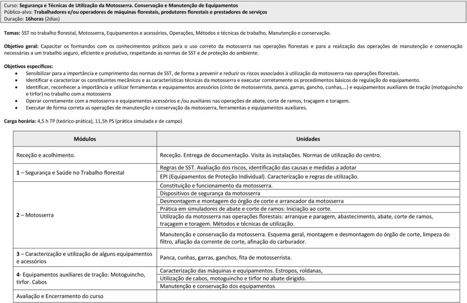 trabalho florestal, Motosserra, Equipamentos e acessórios, Operações, Métodos e técnicas de trabalho, Manutenção e conservação.