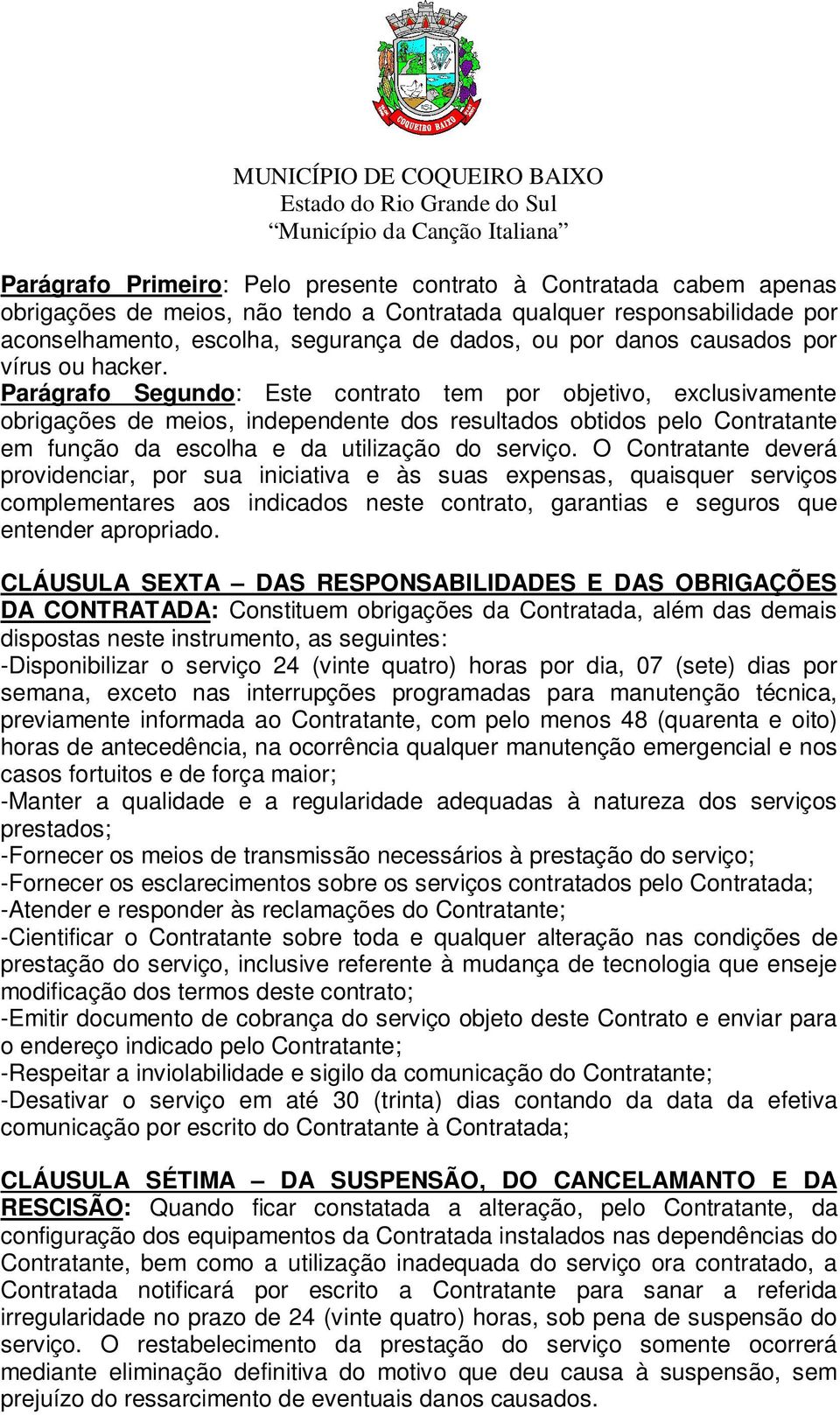 Parágrafo Segundo: Este contrato tem por objetivo, exclusivamente obrigações de meios, independente dos resultados obtidos pelo Contratante em função da escolha e da utilização do serviço.