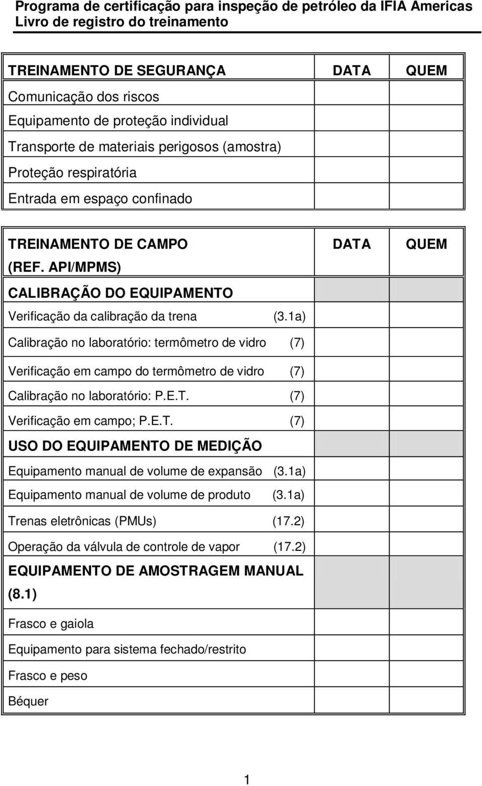 1a) Calibração no laboratório: termômetro de vidro (7) Verificação em campo do termômetro de vidro (7) Calibração no laboratório: P.E.T.