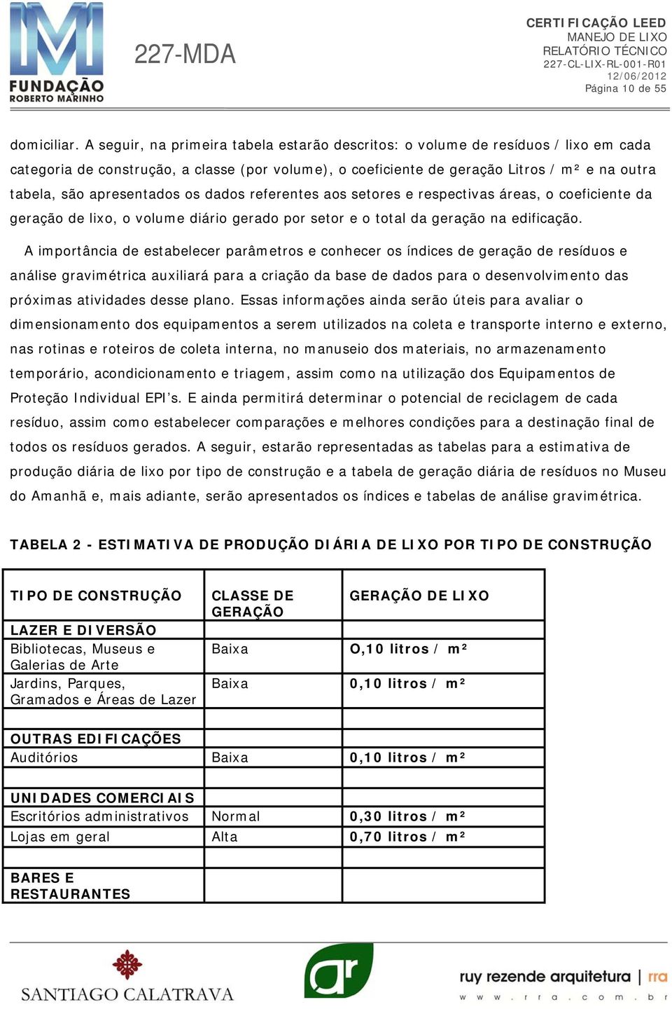 apresentados os dados referentes aos setores e respectivas áreas, o coeficiente da geração de lixo, o volume diário gerado por setor e o total da geração na edificação.