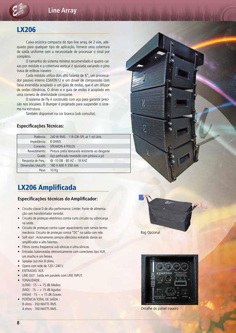 Cada módulo utiliza dois alto falante de 6, um processador passivo interno ESMON12 e um driver de compressão com faixa estendida acoplado a um guia de ondas, que é um difusor de ondas cilíndricas.