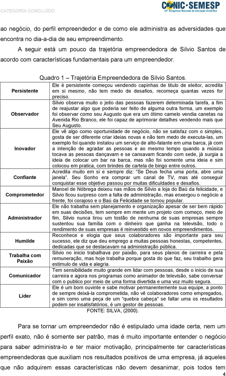 Persistente Observador Inovador Confiante Comprometedor Administrador Humilde Trabalha com Paixão Comunicador Líder Quadro 1 Trajetória Empreendedora de Silvio Santos.