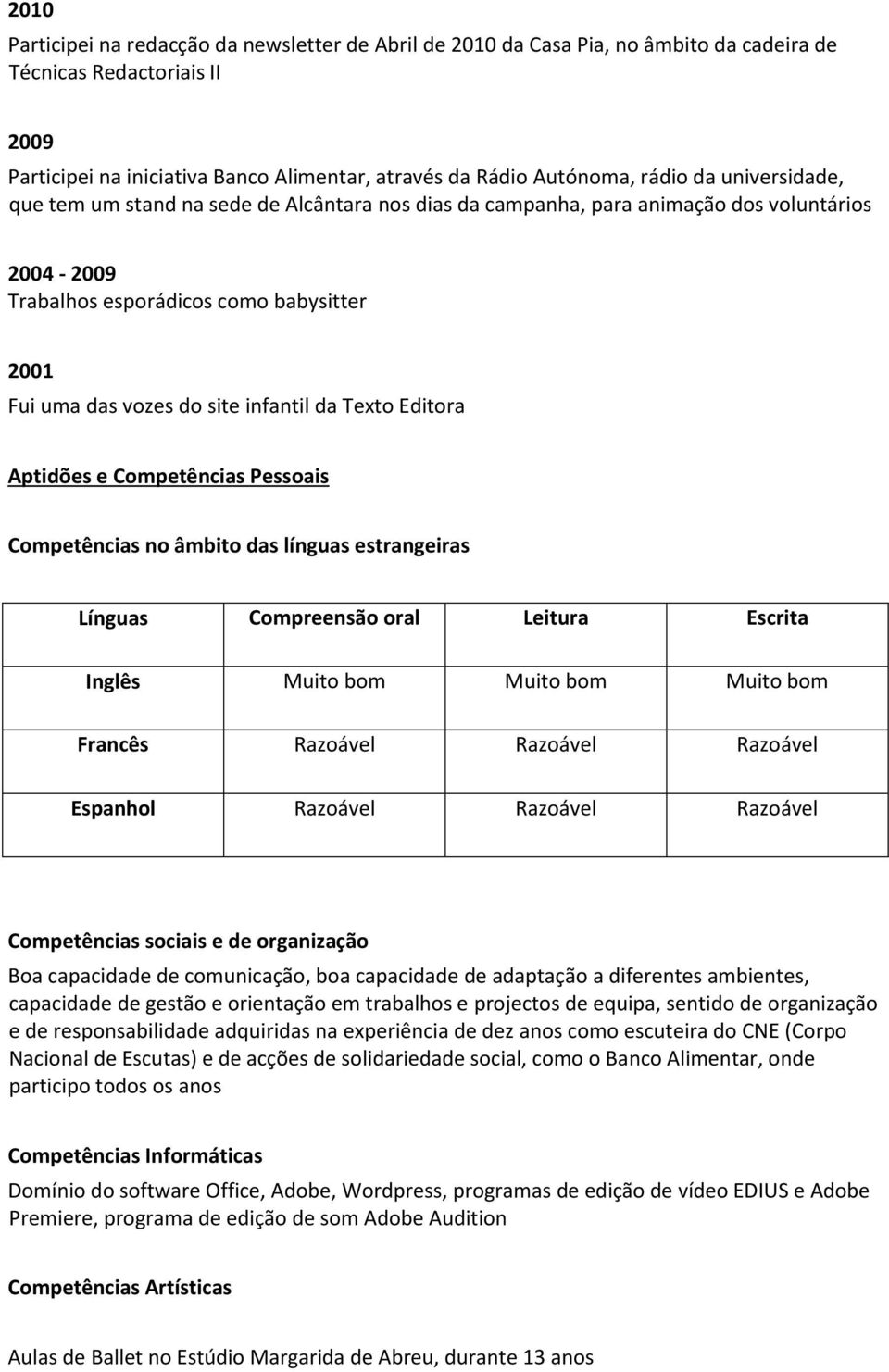 infantil da Texto Editora Aptidões e Competências Pessoais Competências no âmbito das línguas estrangeiras Línguas Compreensão oral Leitura Escrita Inglês Muito bom Muito bom Muito bom Francês