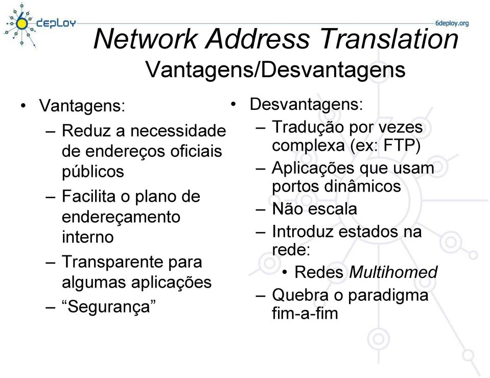 algumas aplicações Segurança Desvantagens: Tradução por vezes complexa (ex: FTP) Aplicações