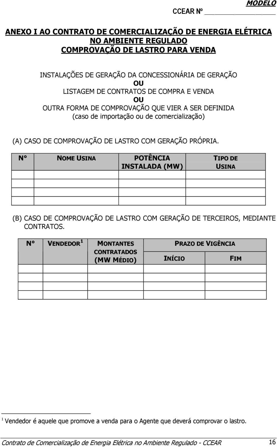 N NOME USINA POTÊNCIA INSTALADA (MW) TIPO DE USINA (B) CASO DE COMPROVAÇÃO DE LASTRO COM GERAÇÃO DE TERCEIROS, MEDIANTE CONTRATOS.