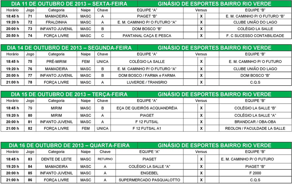 C SUCESSO CONTABILIDADE DIA 14 DE OUTUBRO DE 2013 SEGUNDA-FEIRA 18:45 h 75 PRÉ-MIRIM FEM UNICA COLÉGIO LA SALLE X E. M.