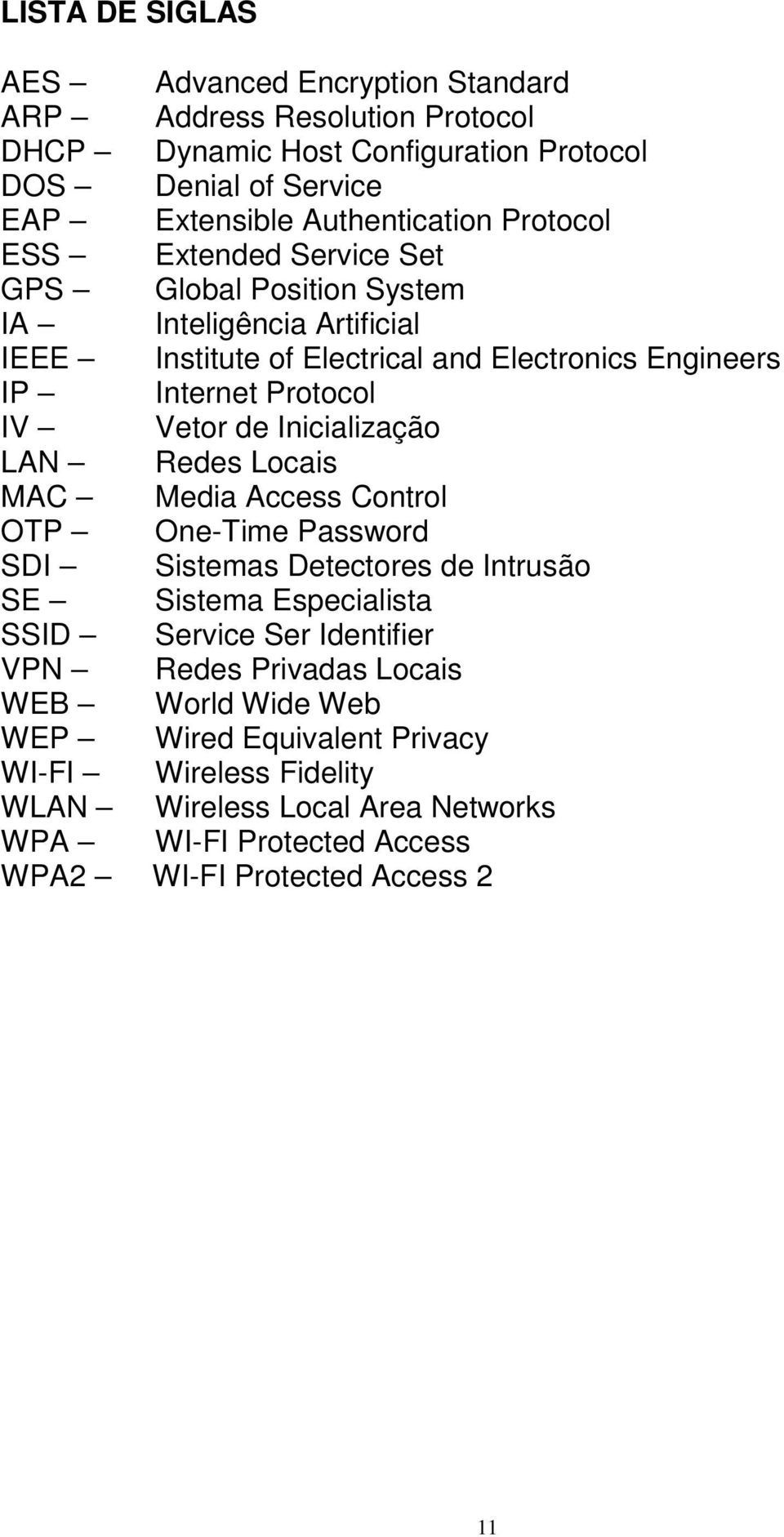 Inicialização LAN Redes Locais MAC Media Access Control OTP One-Time Password SDI Sistemas Detectores de Intrusão SE Sistema Especialista SSID Service Ser Identifier VPN Redes