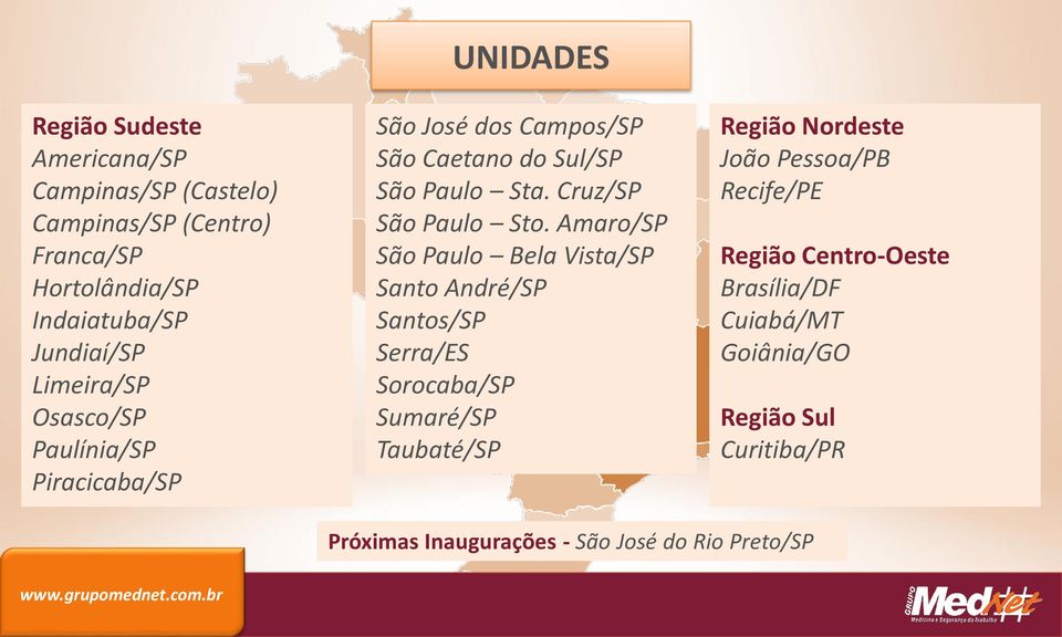 Amaro/SP São Paulo Bela Vista/SP Santo André/SP Santos/SP Serra/ES Sorocaba/SP Sumaré/SP Taubaté/SP Região Nordeste João Pessoa/PB