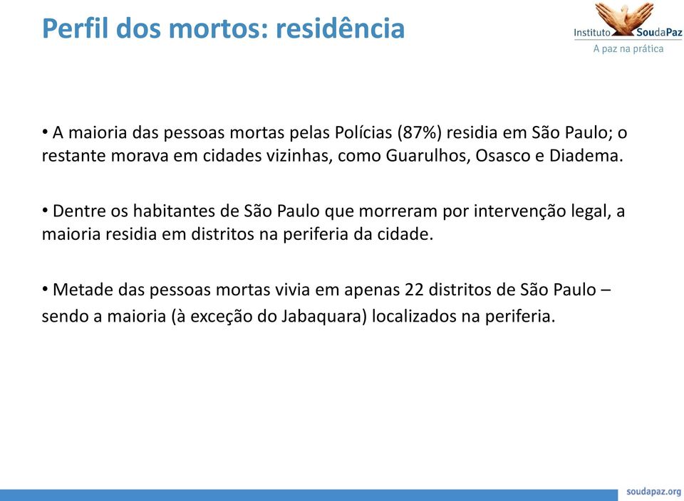 Dentre os habitantes de São Paulo que morreram por intervenção legal, a maioria residia em distritos na