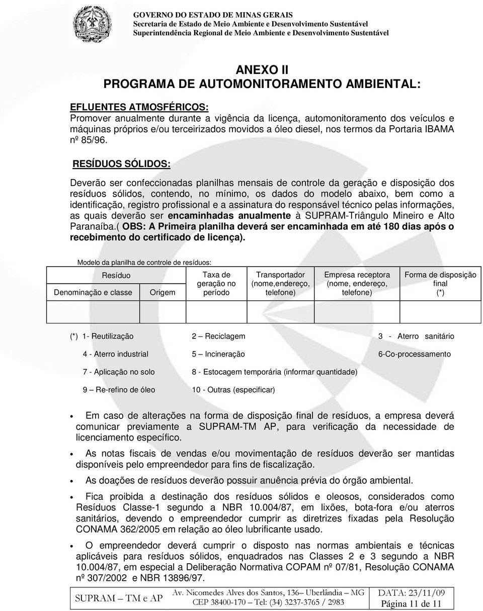 RESÍDUOS SÓLIDOS: Deverão ser confeccionadas planilhas mensais de controle da geração e disposição dos resíduos sólidos, contendo, no mínimo, os dados do modelo abaixo, bem como a identificação,
