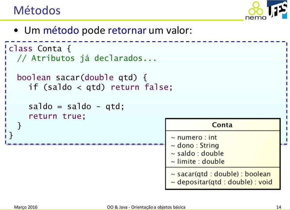 .. boolean sacar(double qtd) { if (saldo < qtd) return