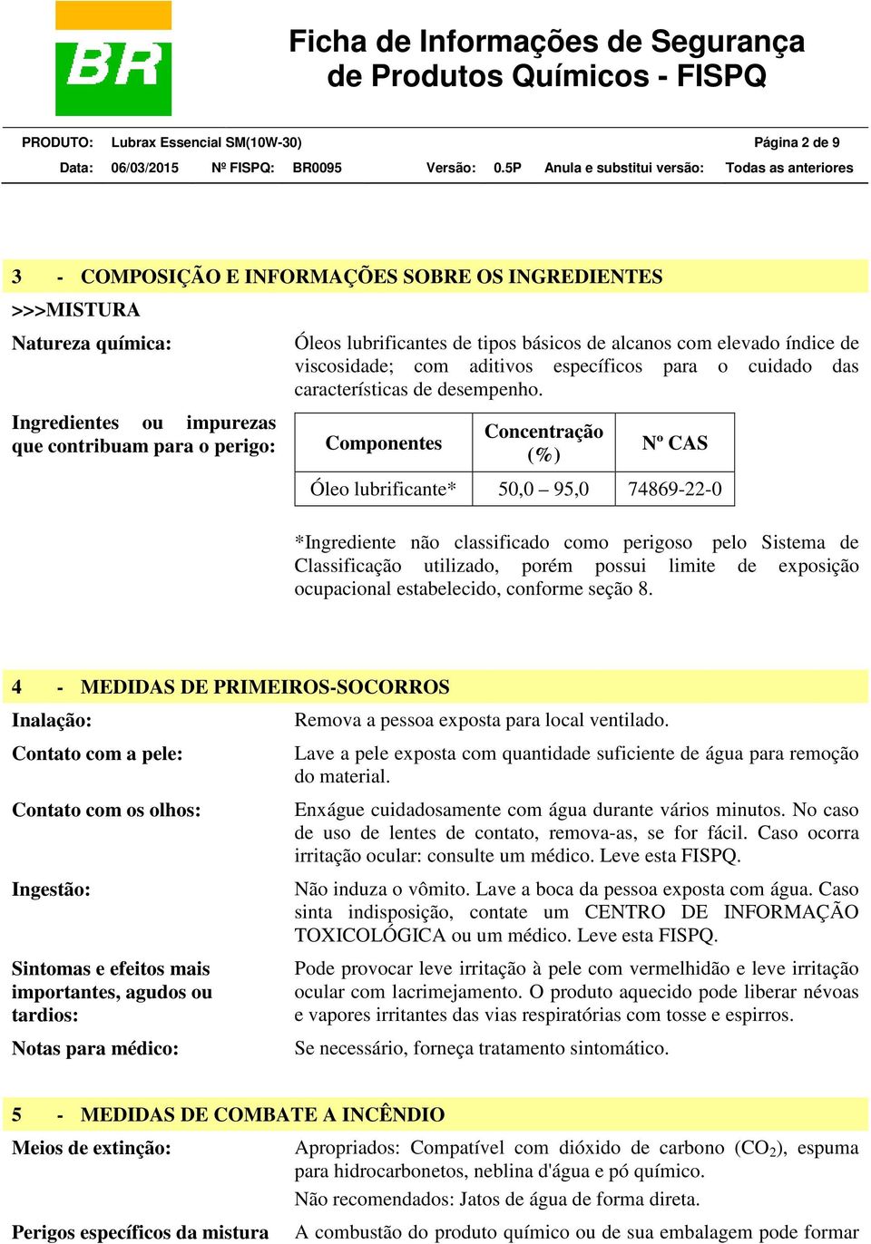 Componentes Concentração (%) Nº CAS Óleo lubrificante* 50,0 95,0 74869-22-0 *Ingrediente não classificado como perigoso pelo Sistema de Classificação utilizado, porém possui limite de exposição