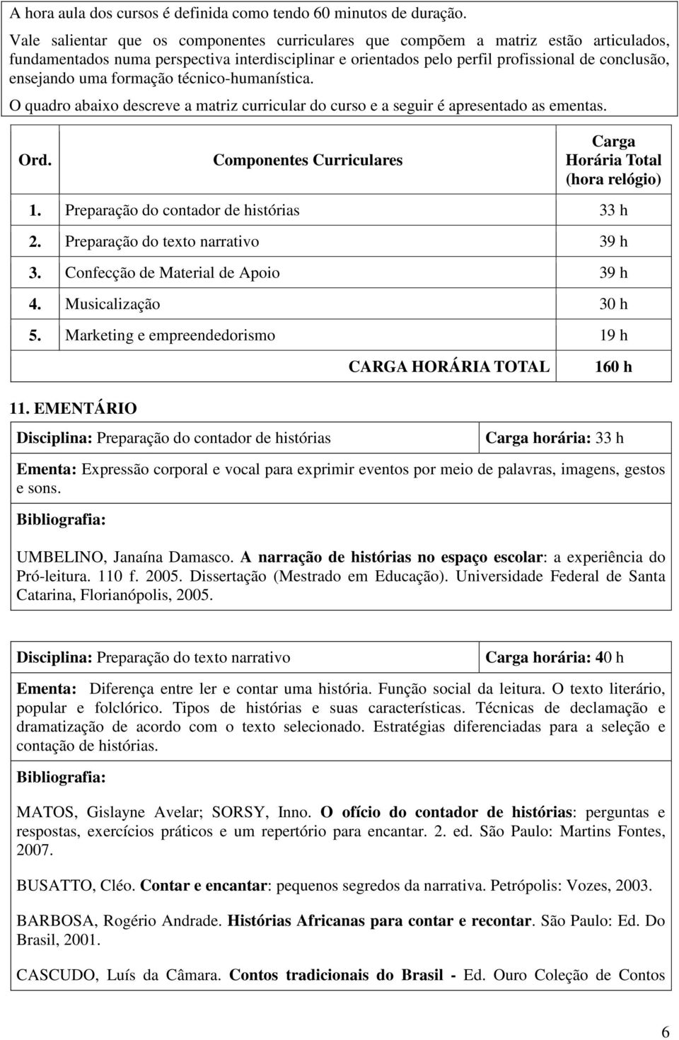 uma formação técnico-humanística. O quadro abaixo descreve a matriz curricular do curso e a seguir é apresentado as ementas. Ord. Componentes Curriculares Carga Horária Total (hora relógio) 1.