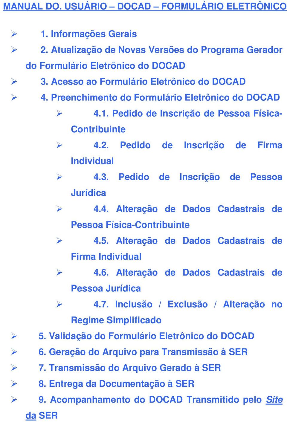 Pedido de Inscrição de Pessoa Jurídica 4.4. Alteração de Dados Cadastrais de Pessoa Física-Contribuinte 4.5. Alteração de Dados Cadastrais de Firma Individual 4.6.