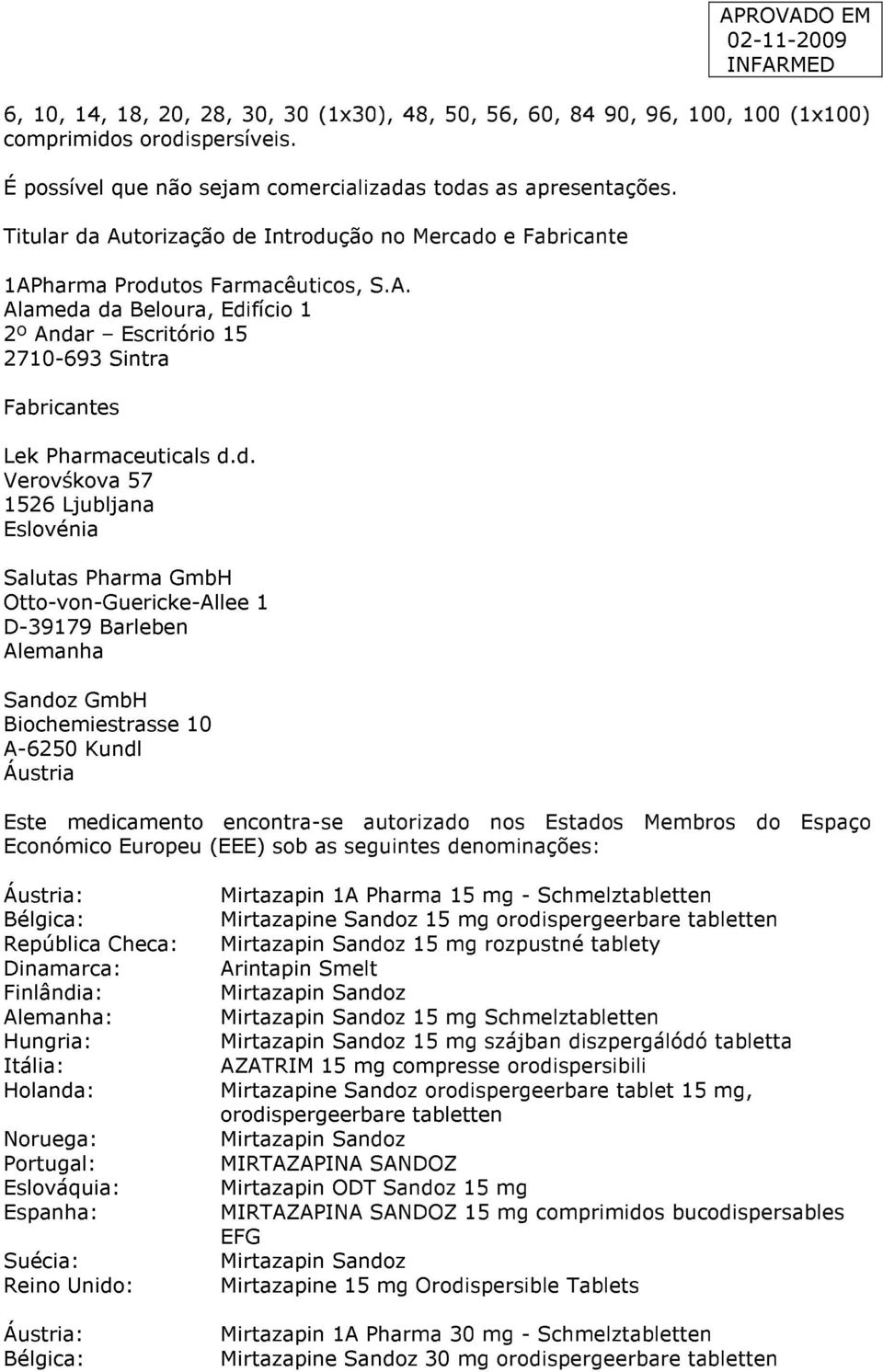 d. Verovśkova 57 1526 Ljubljana Eslovénia Salutas Pharma GmbH Otto-von-Guericke-Allee 1 D-39179 Barleben Alemanha Sandoz GmbH Biochemiestrasse 10 A-6250 Kundl Áustria Este medicamento encontra-se