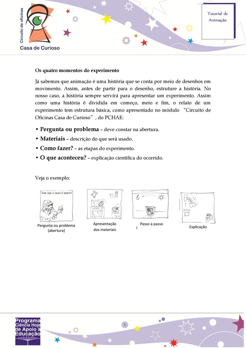 Assim como uma história é dividida em começo, meio e fim, o relato de um experimento tem estrutura básica, como apresentado no módulo Circuito de Oficinas Casa de Curioso, do PCHAE: