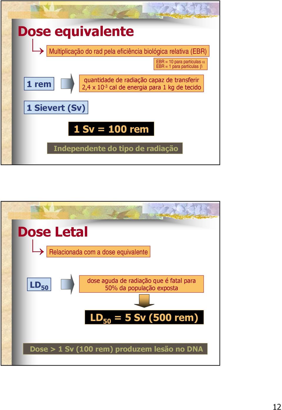 (Sv) 1 Sv = 100 rem Independente do tipo de radiação Dose Letal Relacionada com a dose equivalente LD 50 dose aguda de