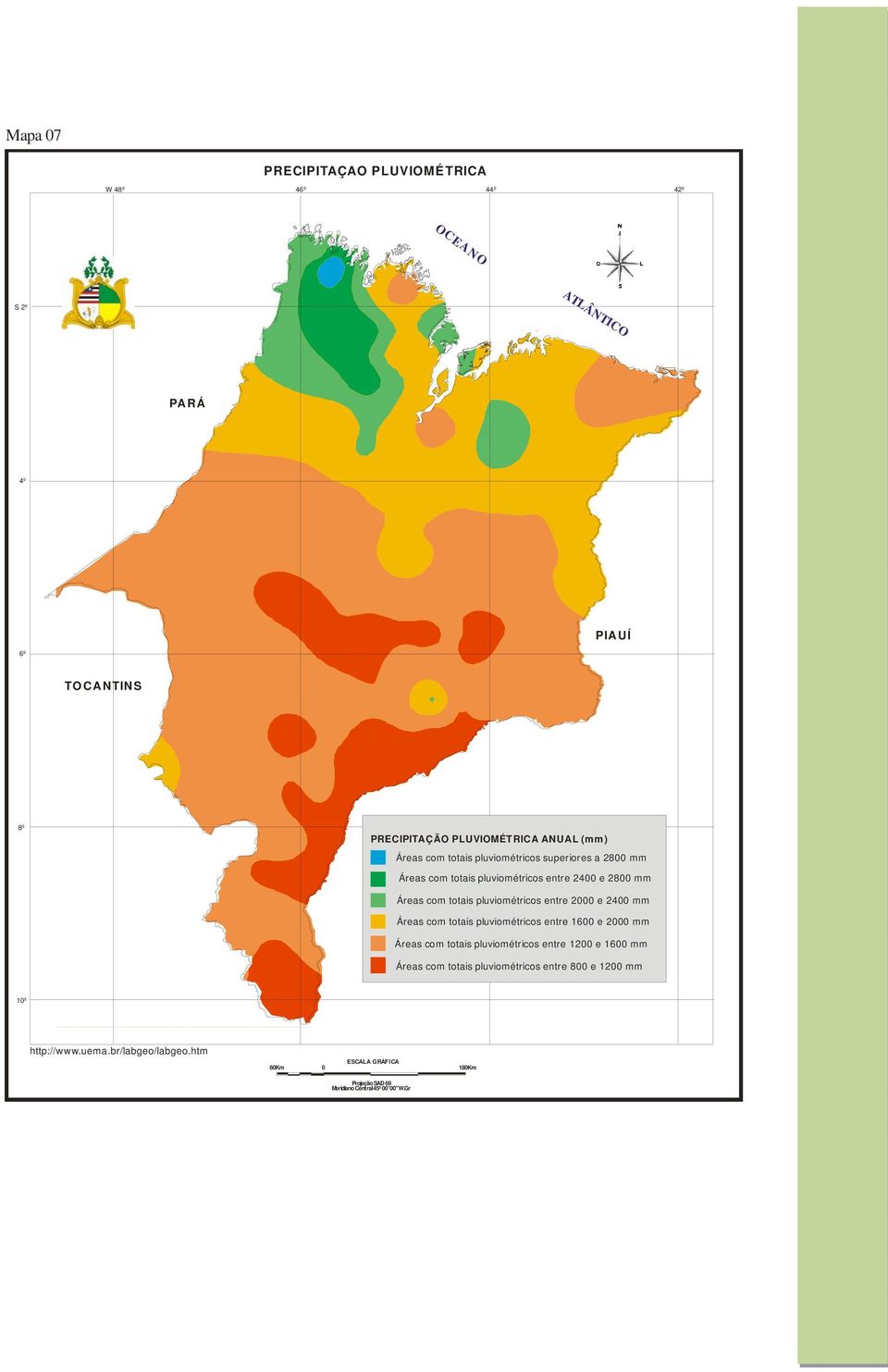 Áreas com totais pluviométricos entre 1600 e 2000 mm Áreas com totais pluviométricos entre 1200 e 1600 mm Áreas com totais