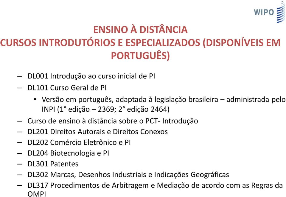 distância sobre o PCT- Introdução DL201 Direitos Autorais e Direitos Conexos DL202 Comércio Eletrônico e PI DL204 Biotecnologia e PI DL301