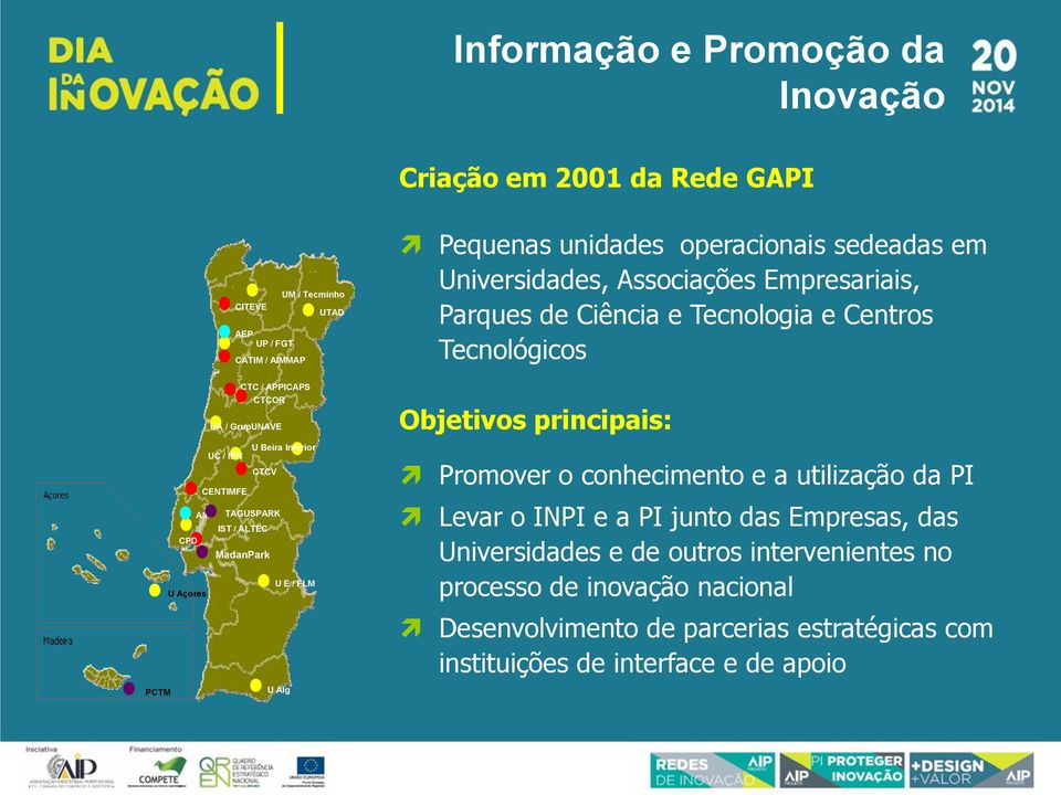 CENTIMFE AIP TAGUSPARK IST / ALTEC CPD MadanPark U E / FLM U Açores Objetivos principais: Promover o conhecimento e a utilização da PI Levar o INPI e a PI junto das