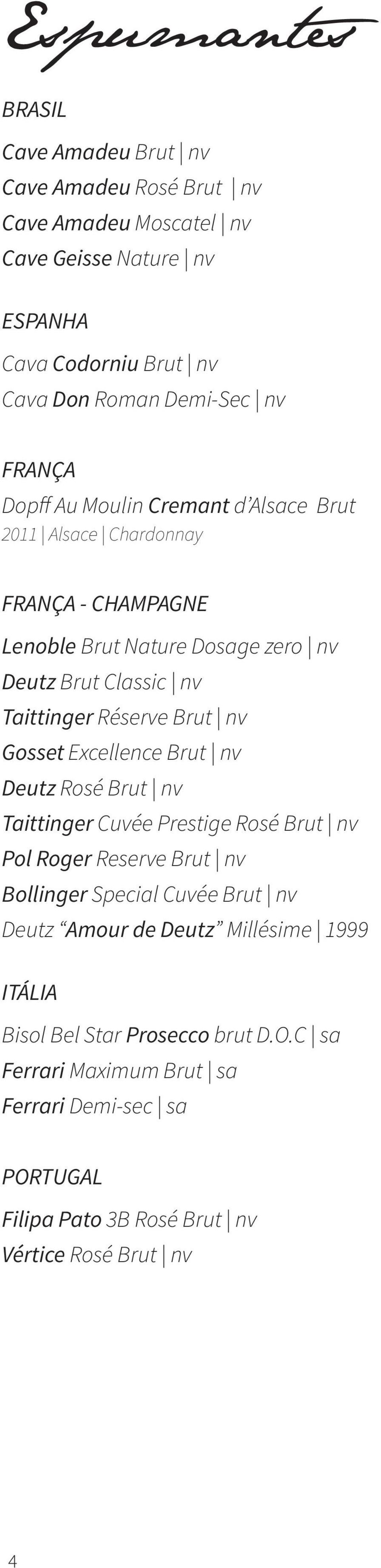 Brut nv Gosset Excellence Brut nv Deutz Rosé Brut nv Taittinger Cuvée Prestige Rosé Brut nv Pol Roger Reserve Brut nv Bollinger Special Cuvée Brut nv Deutz Amour de