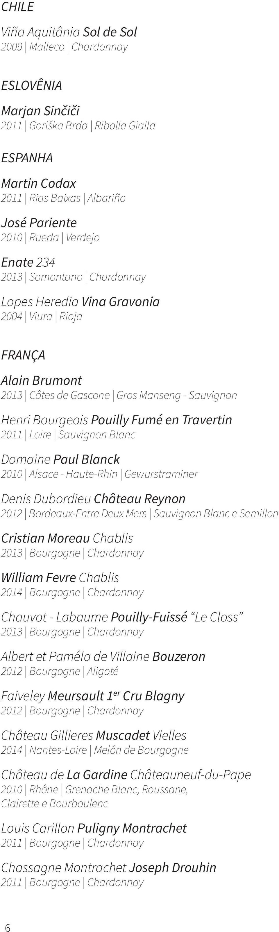 Sauvignon Blanc Domaine Paul Blanck 2010 Alsace - Haute-Rhin Gewurstraminer Denis Dubordieu Château Reynon 2012 Bordeaux-Entre Deux Mers Sauvignon Blanc e Semillon Cristian Moreau Chablis 2013