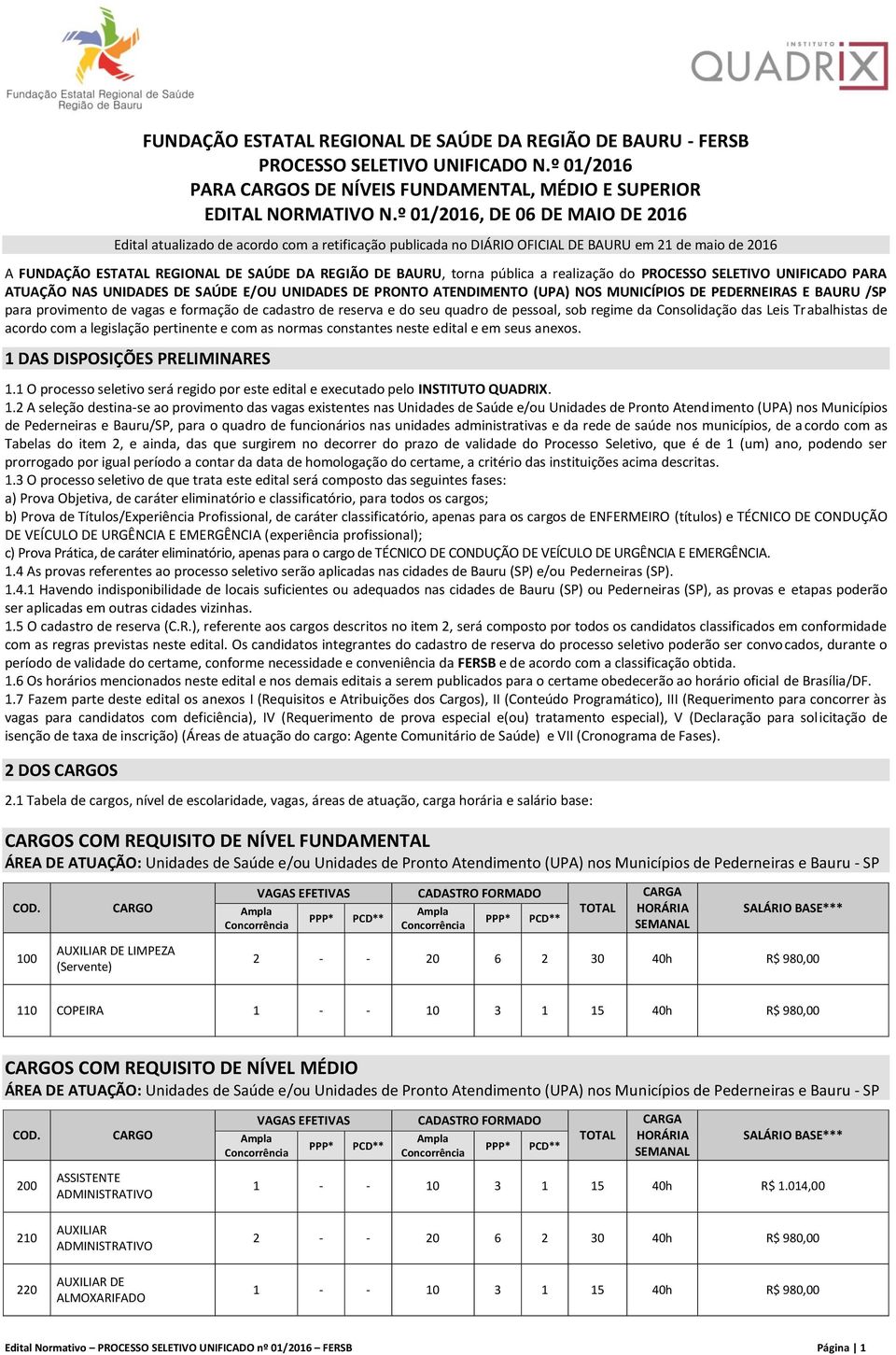 torna pública a realização do PROCESSO SELETIVO UNIFICADO PARA ATUAÇÃO NAS UNIDADES DE SAÚDE E/OU UNIDADES DE PRONTO ATENDIMENTO (UPA) NOS MUNICÍPIOS DE PEDERNEIRAS E BAURU /SP para provimento de