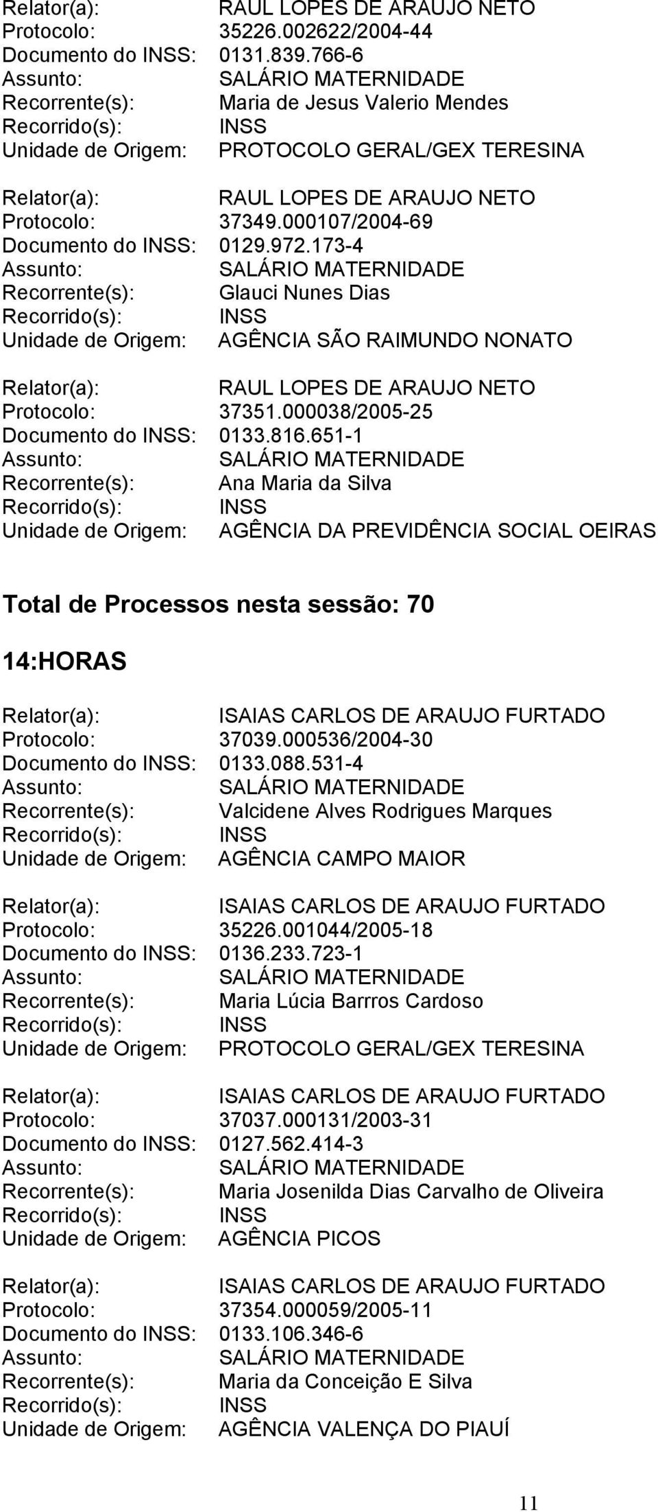 651-1 Recorrente(s): Ana Maria da Silva Total de Processos nesta sessão: 70 14:HORAS Protocolo: 37039.000536/2004-30 Documento do INSS: 0133.088.