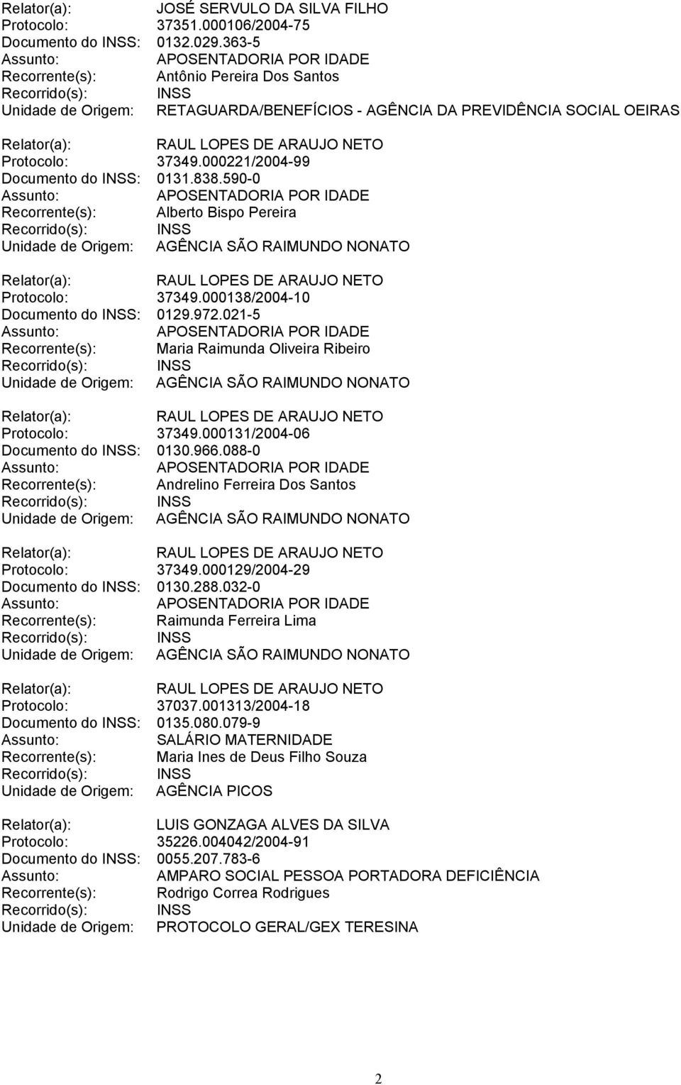 590-0 Recorrente(s): Alberto Bispo Pereira Unidade de Origem: AGÊNCIA SÃO RAIMUNDO NONATO Protocolo: 37349.000138/2004-10 Documento do INSS: 0129.972.