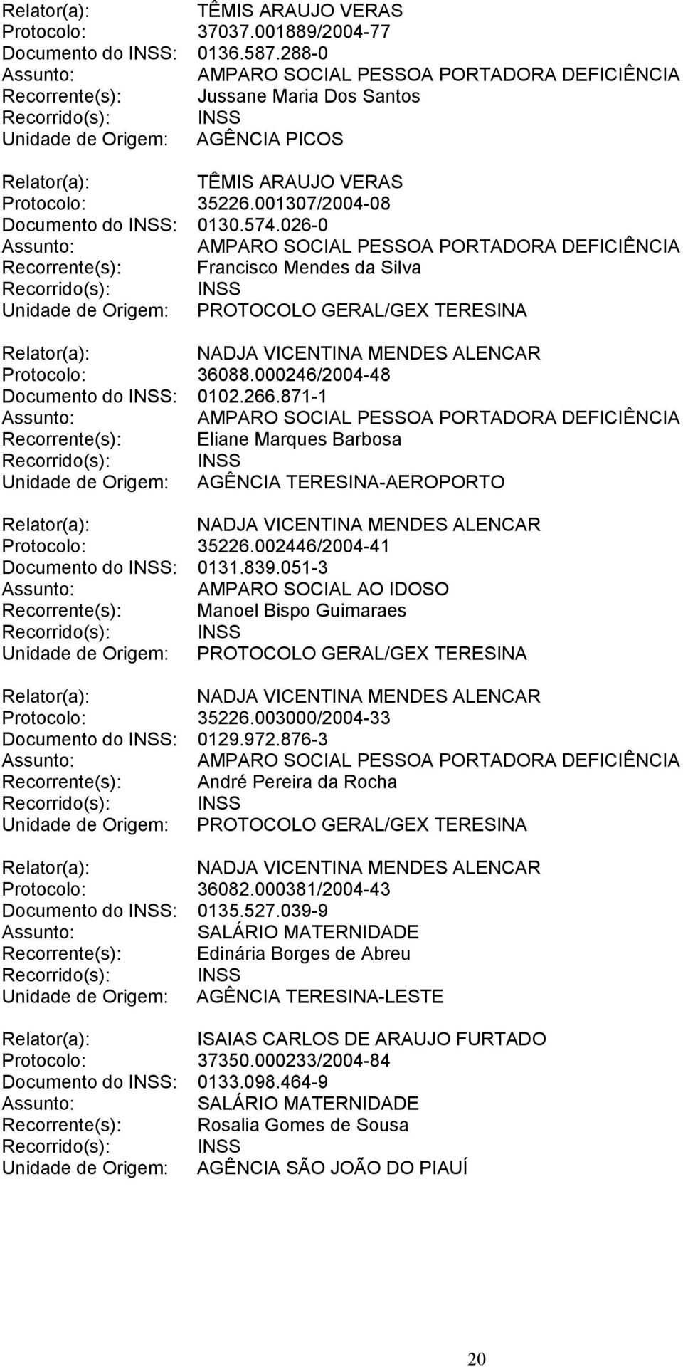 871-1 Recorrente(s): Eliane Marques Barbosa Unidade de Origem: AGÊNCIA TERESINA-AEROPORTO Protocolo: 35226.002446/2004-41 Documento do INSS: 0131.839.
