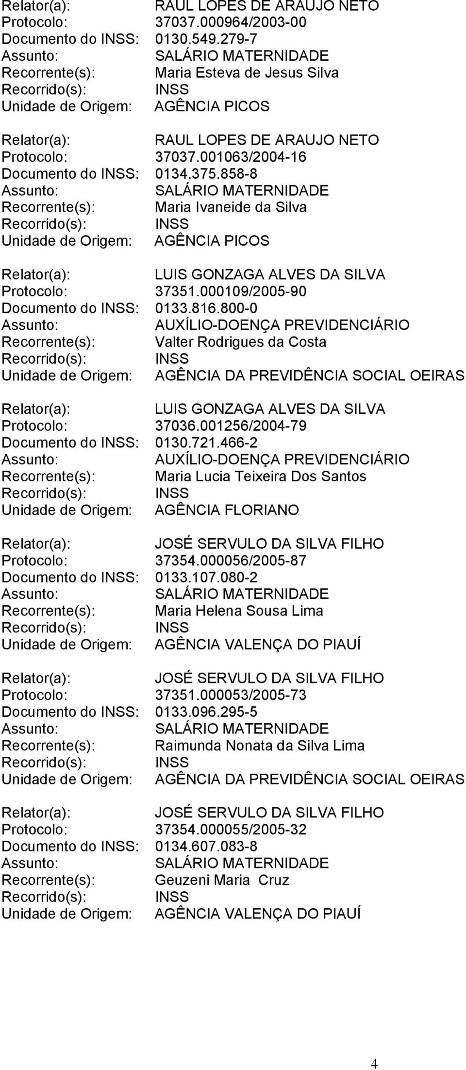 800-0 AUXÍLIO-DOENÇA PREVIDENCIÁRIO Recorrente(s): Valter Rodrigues da Costa LUIS GONZAGA ALVES DA SILVA Protocolo: 37036.001256/2004-79 Documento do INSS: 0130.721.