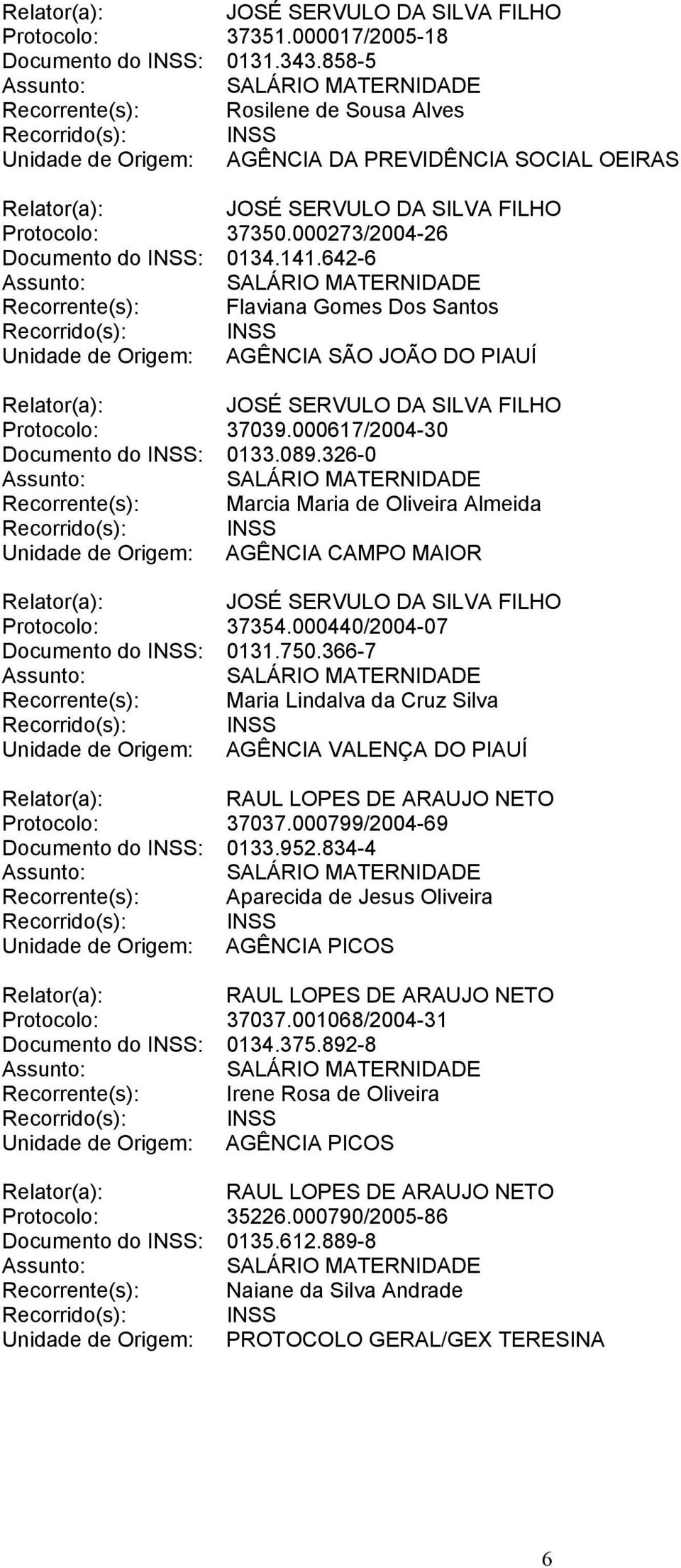 326-0 Recorrente(s): Marcia Maria de Oliveira Almeida Protocolo: 37354.000440/2004-07 Documento do INSS: 0131.750.366-7 Recorrente(s): Maria Lindalva da Cruz Silva Protocolo: 37037.