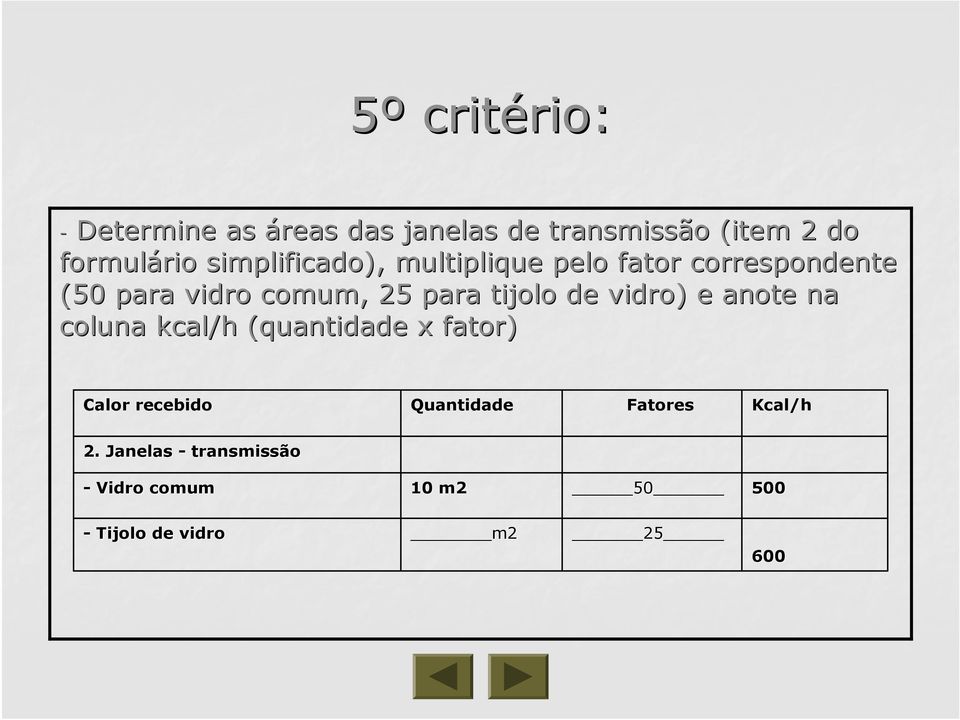 tijolo de vidro) e anote na coluna kcal/h (quantidade x fator) Calor recebido