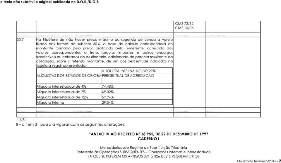 do destinatário, adicionado da parcela resultante da aplicação, sobre o referido montante, de um dos percentuais indicados na tabela a seguir apresentada: ALÍQUOTA INTERNA NO DF: 29% ALÍQUOTAS DOS