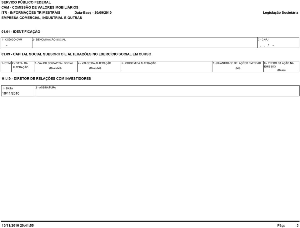 9 - CAPITAL SOCIAL SUBSCRITO E ALTERAÇÕES NO EXERCÍCIO SOCIAL EM CURSO 1- ITEM 2 - DATA DA ALTERAÇÃO 3 - VALOR DO CAPITAL SOCIAL