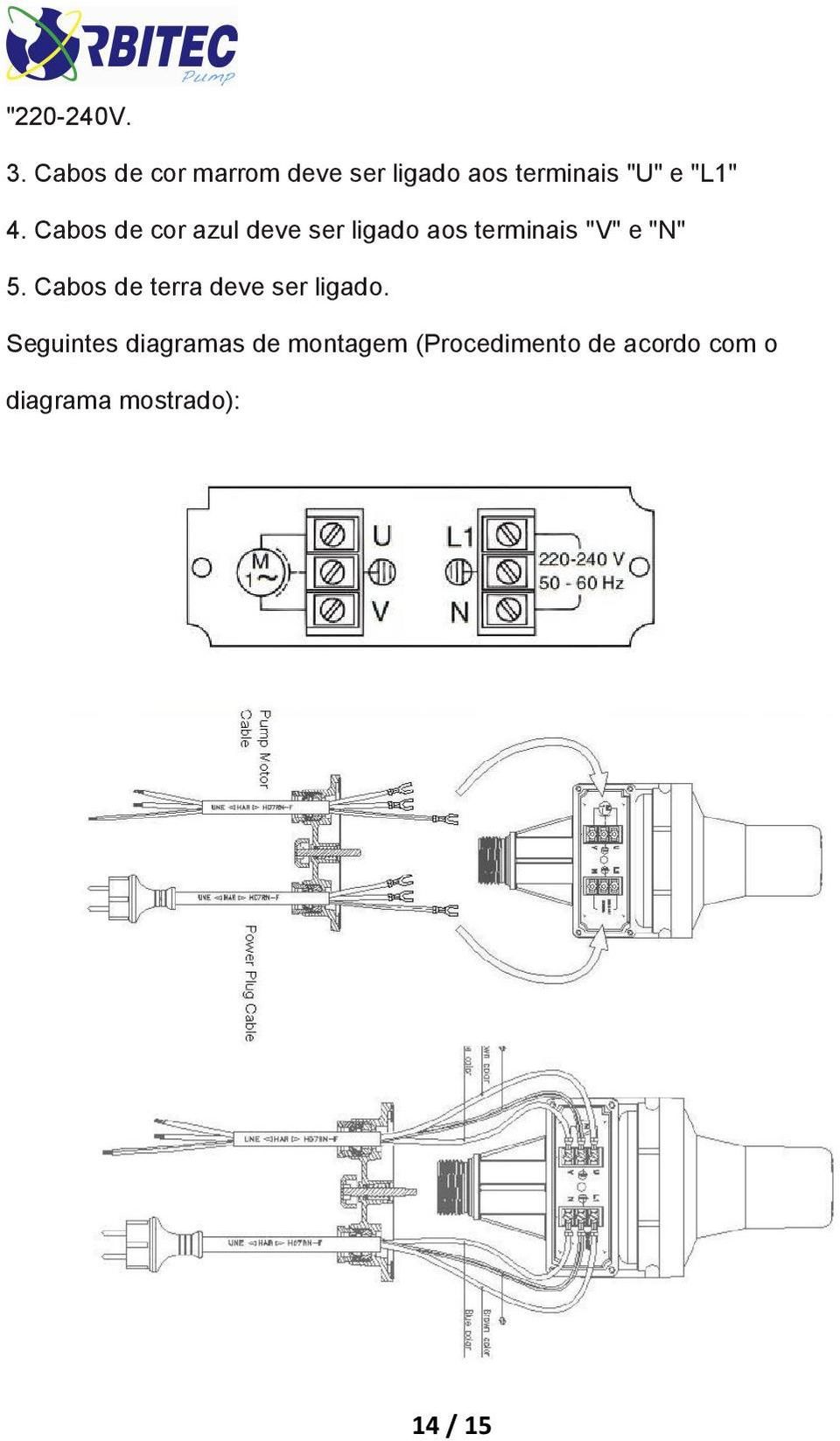 Cabos de cor azul deve ser ligado aos terminais "V" e "N" 5.