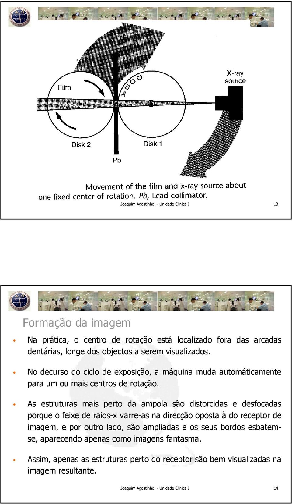 As estruturas mais perto da ampola são distorcidas e desfocadas porque o feixe de raios-x varre-as na direcção oposta à do receptor de imagem,