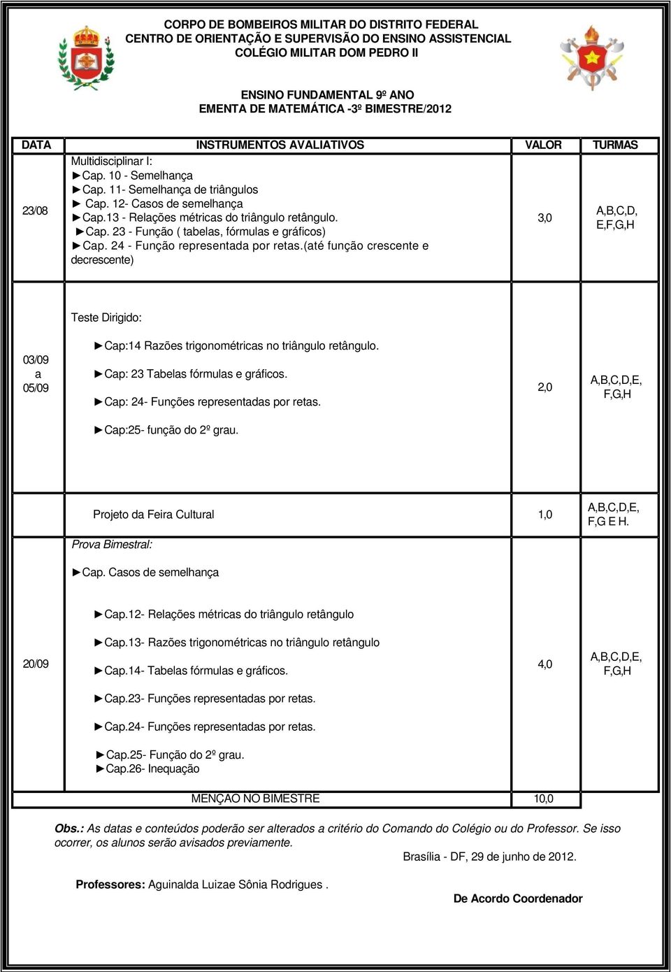 (até função crescente e decrescente) Teste Dirigido: 03/09 a 05/09 Cap:14 Razões trigonométricas no triângulo retângulo. Cap: 23 Tabelas fórmulas e gráficos. Cap: 24- Funções representadas por retas.