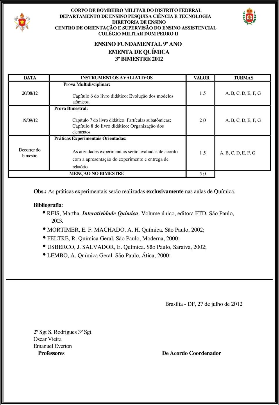 Prova Bimestral: 1,5 A, B, C, D, E, F, G 19/09/12 Capítulo 7 do livro didático: Partículas subatômicas; Capítulo 8 do livro didático: Organização dos elementos Práticas Experimentais Orientadas: 2,0