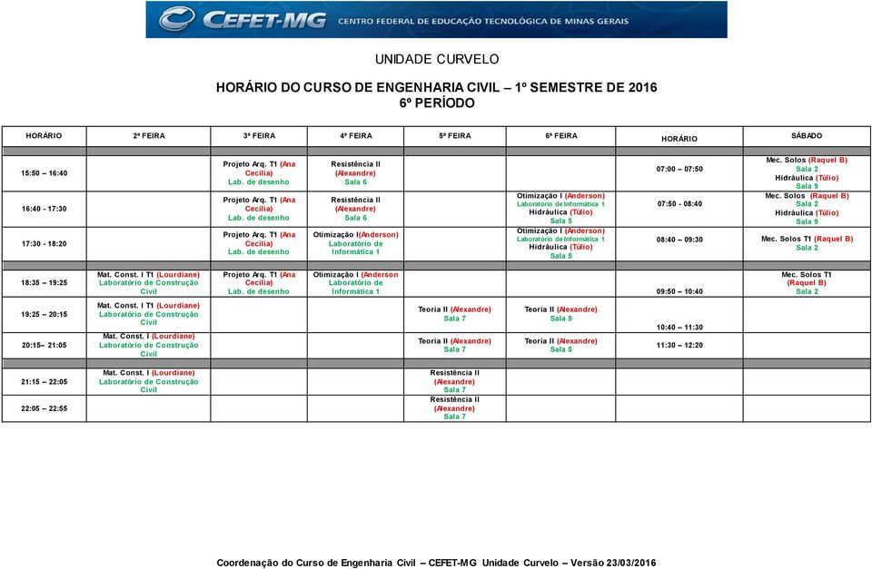 T1 (Ana Cecilia) Resistência II (Alexandre) Resistência II (Alexandre) Otimização I(Anderson) Informática 1 Otimização I (Anderson) Informática 1 Hidráulica (Túlio) Otimização I (Anderson)