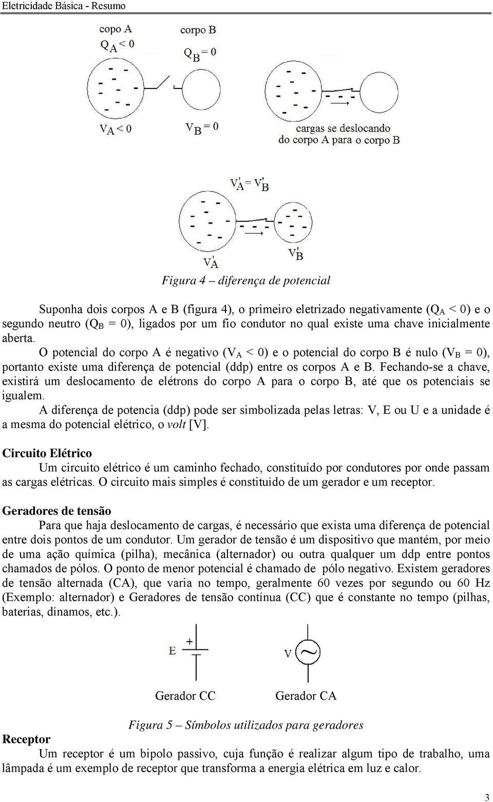 O potencial do corpo A é negativo (V A < 0) e o potencial do corpo B é nulo (V B = 0), portanto existe uma diferença de potencial (ddp) entre os corpos A e B.