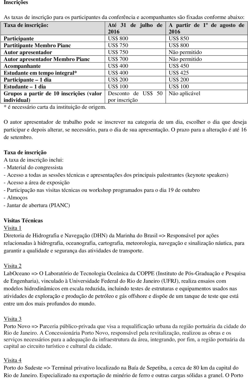 Estudante em tempo integral* US$ 400 US$ 425 Participante 1 dia US$ 200 US$ 200 Estudante 1 dia US$ 100 US$ 100 Grupos a partir de 10 inscrições (valor Desconto de US$ 50 Não aplicável individual)