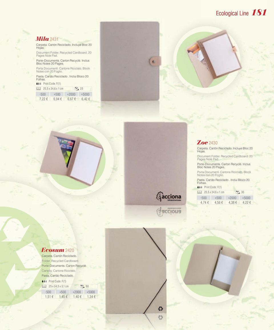 Incluye Bloc 20 Hojas. Document Folder. Recycled Cardboard. 20 Pages Note Pad. Porte-Documents. Carton Recyclé. Inclus Bloc Notes 20 Pages. Porta Documenti. Cartone Riciclato.