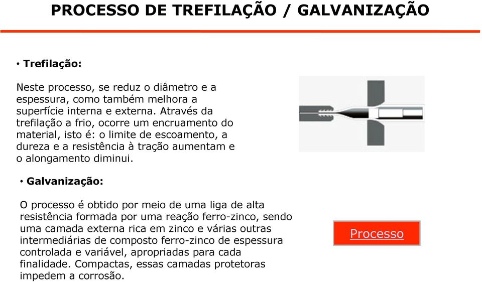 Galvanização: O processo é obtido por meio de uma liga de alta resistência formada por uma reação ferro-zinco, sendo uma camada externa rica em zinco e várias