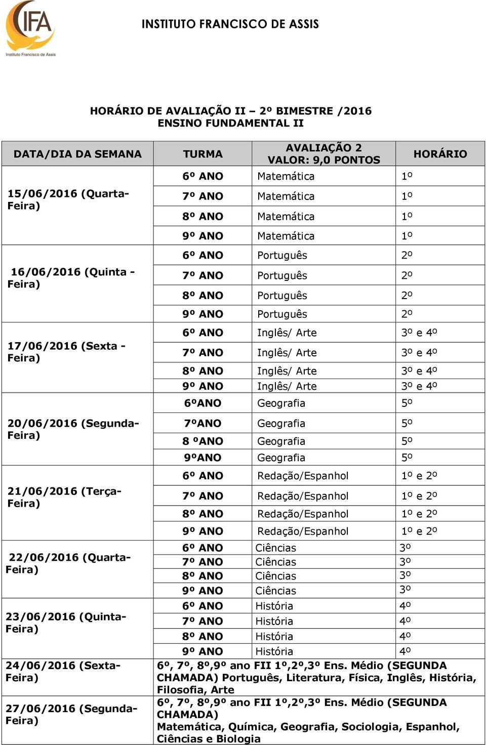 24/06/2016 (Sexta- 27/06/2016 (Segunda- 8º ANO Ciências 3º CHAMADA) Português, Literatura, Física,