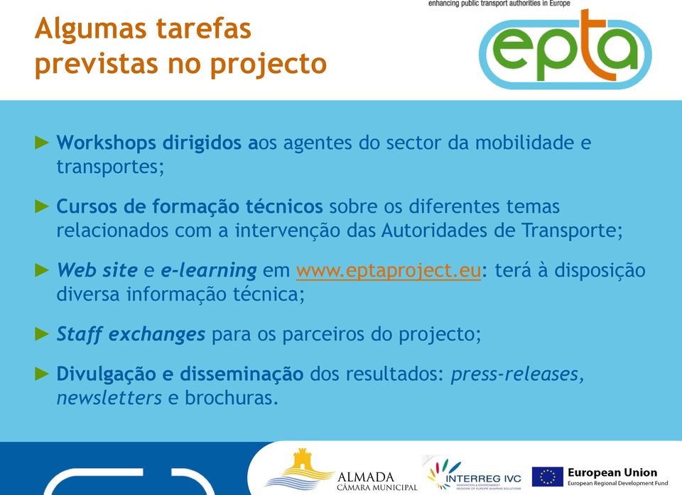 Transporte; Web site e e-learning em www.eptaproject.